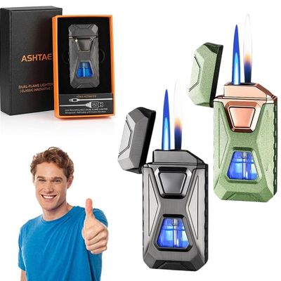 Voice-Activated Dual Flame Lighter (Butane Not Included) USB Rechargeable Windproof Refillable with Visible Window Butane Lighter 3-in-1 Smart Ignition, Intelligent Voice-Activated(2PCS K)