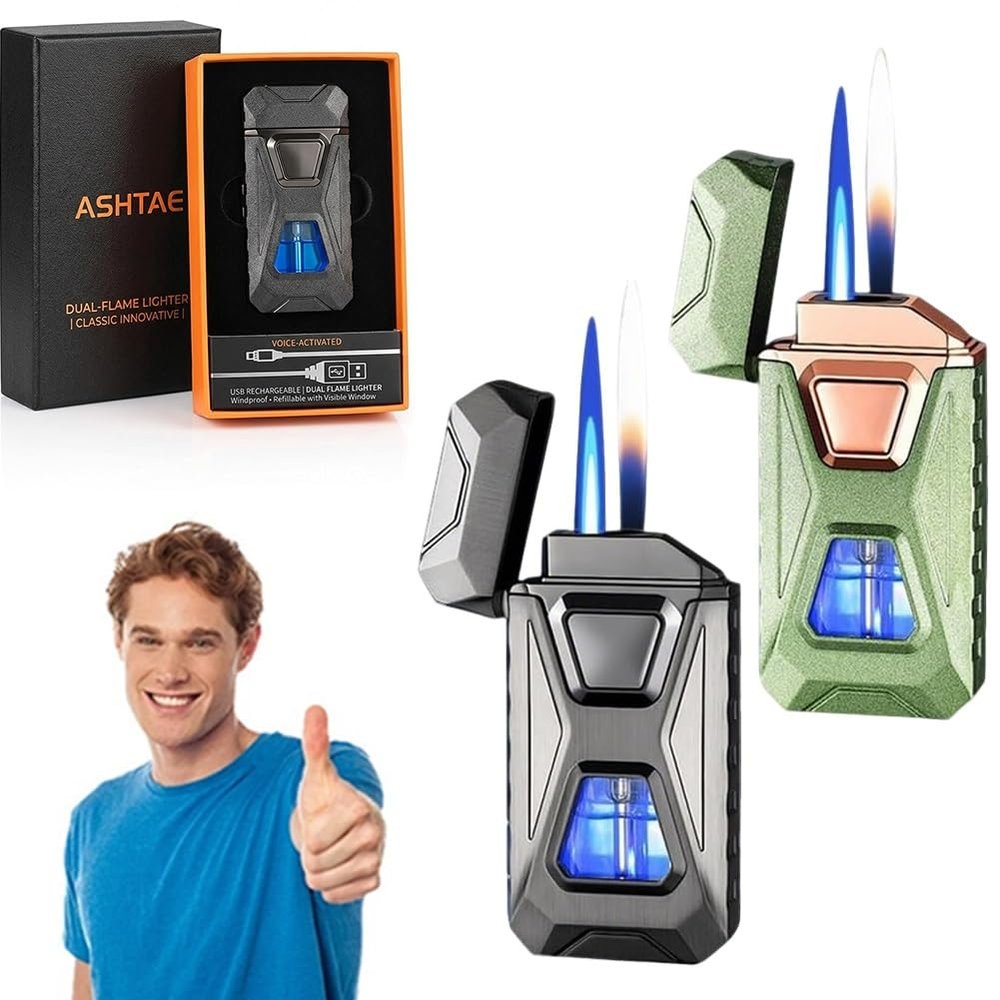 Voice-Activated Dual Flame Lighter (Butane Not Included) USB Rechargeable Windproof Refillable with Visible Window Butane Lighter 3-in-1 Smart Ignition, Intelligent Voice-Activated(2PCS K)