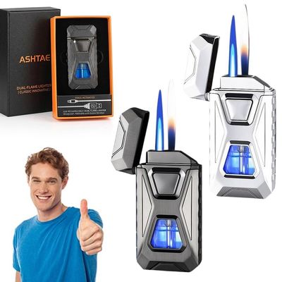 Voice-Activated Dual Flame Lighter (Butane Not Included) USB Rechargeable Windproof Refillable with Visible Window Butane Lighter 3-in-1 Smart Ignition, Intelligent Voice-Activated(2PCS L)