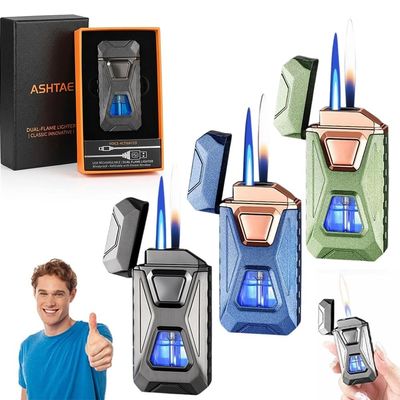 Voice-Activated Dual Flame Lighter (Butane Not Included) USB Rechargeable Windproof Refillable with Visible Window Butane Lighter 3-in-1 Smart Ignition, Intelligent Voice-Activated(3PCS C)