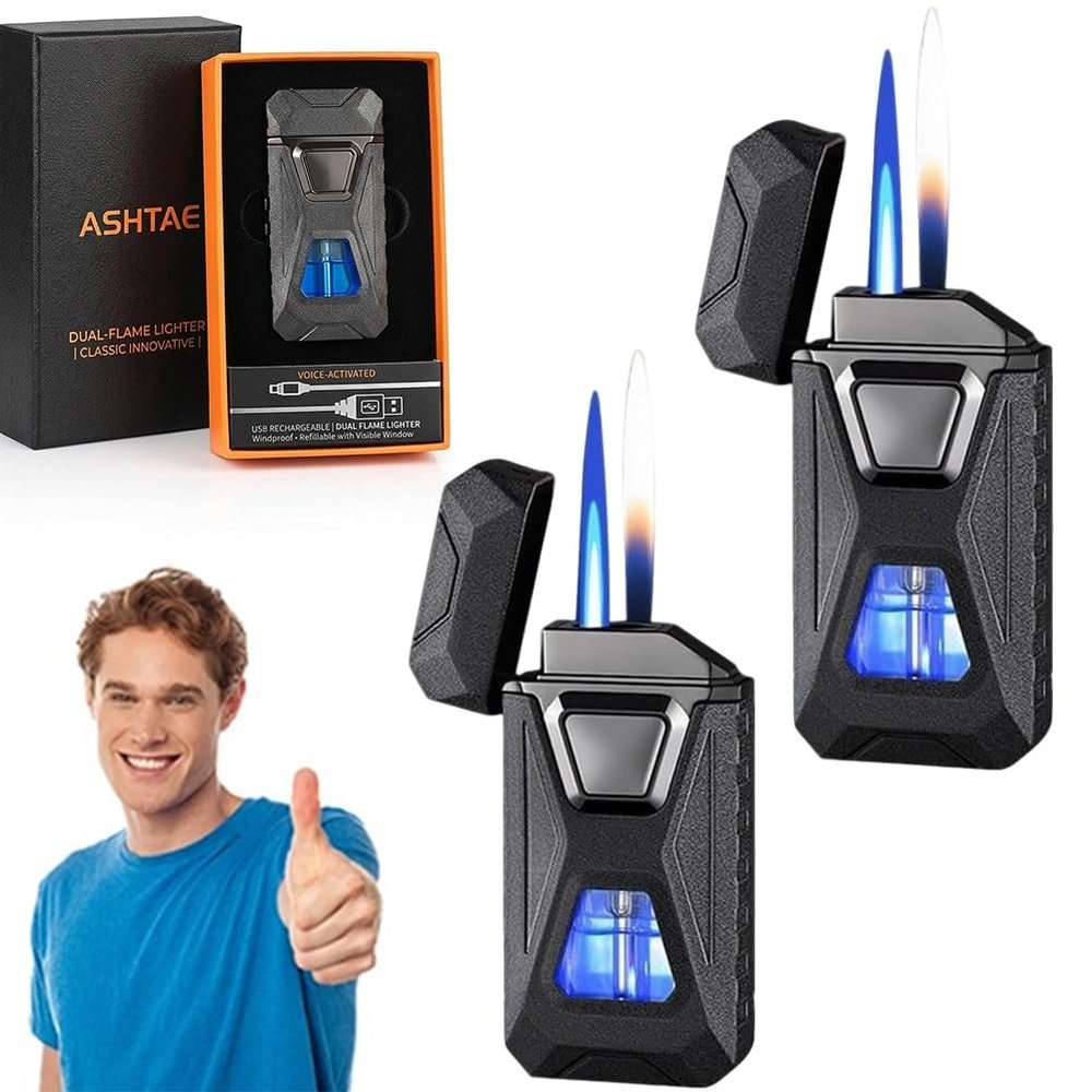 Voice-Activated Dual Flame Lighter (Butane Not Included) USB Rechargeable Windproof Refillable with Visible Window Butane Lighter 3-in-1 Smart Ignition, Intelligent Voice-Activated(2PCS Black)