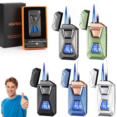 Voice-Activated Dual Flame Lighter (Butane Not Included) USB Rechargeable Windproof Refillable with Visible Window Butane Lighter 3-in-1 Smart Ignition, Intelligent Voice-Activated(5PCS A)