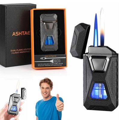 Voice-Activated Dual Flame Lighter (Butane Not Included) USB Rechargeable Windproof Refillable with Visible Window Butane Lighter 3-in-1 Smart Ignition, Intelligent Voice-Activated(1PC Black)