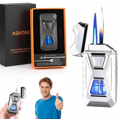 Voice-Activated Dual Flame Lighter (Butane Not Included) USB Rechargeable Windproof Refillable with Visible Window Butane Lighter 3-in-1 Smart Ignition, Intelligent Voice-Activated(1PC White)
