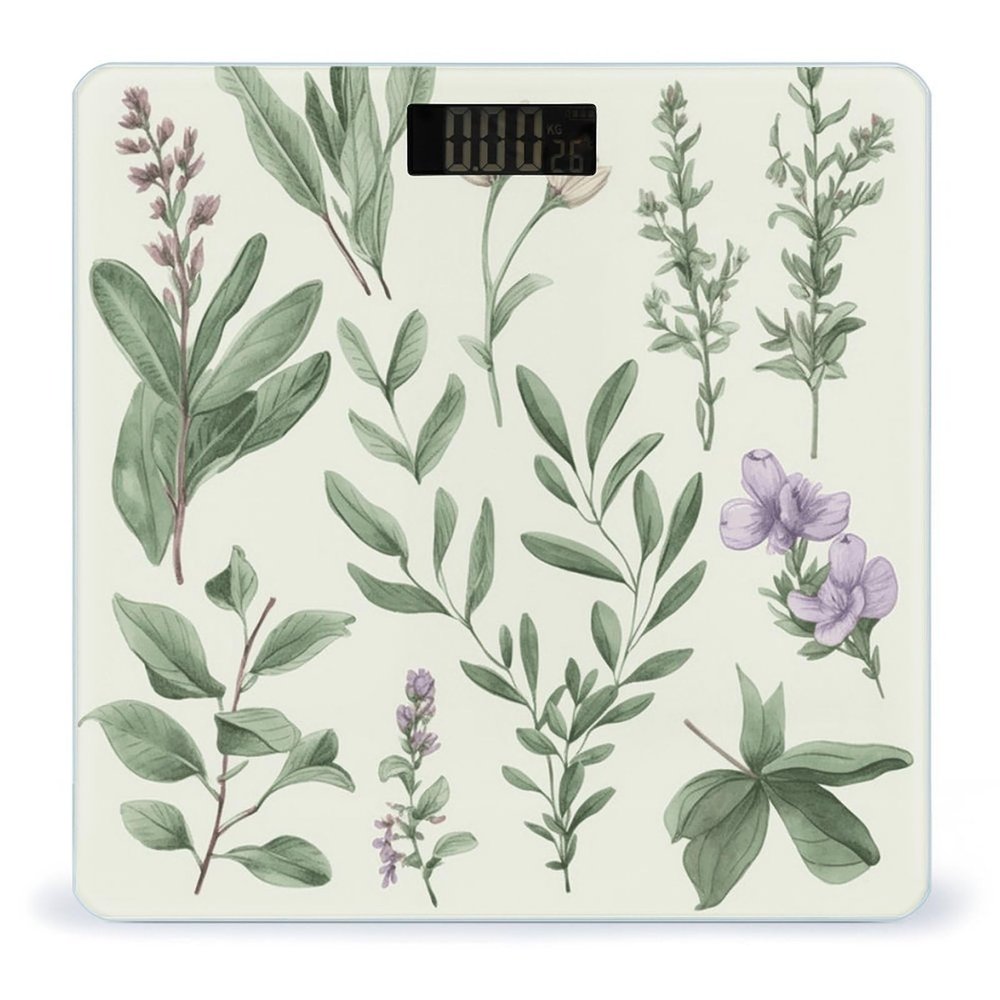 Green Flower Herb Sage Leaves and Branches Weight Scale High Precision Digital Body Scale Cute Compact Slim Bathroom Scale Sleek Modern Personal Body Weighing Machine for Bedroom Kitchen and Bathroom