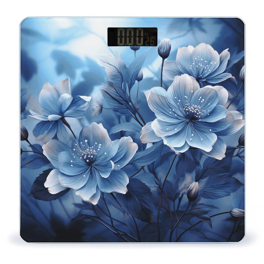 Blooming Blue Flowers Weight Scale High Precision Digital Body Scale Cute Compact Slim Bathroom Scale Sleek Modern Personal Body Weighing Machine for Bedroom Kitchen and Bathroom