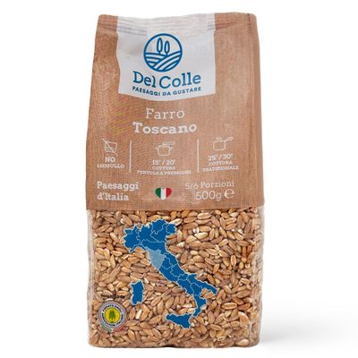 Del Colle Tuscany Pearled Farro, 1.1 LB (500 g) Italian Whole Grain. Good Source of Fiber for Mediterranean Diet, Salads and Soups. Sproutable, Vegan, Kosher. (Pack of 1)