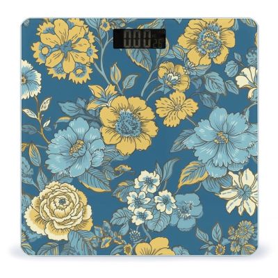 Blue and Yellow Flowers Weight Scale High Precision Digital Body Scale Cute Compact Slim Bathroom Scale Sleek Modern Personal Body Weighing Machine for Bedroom Kitchen and Bathroom