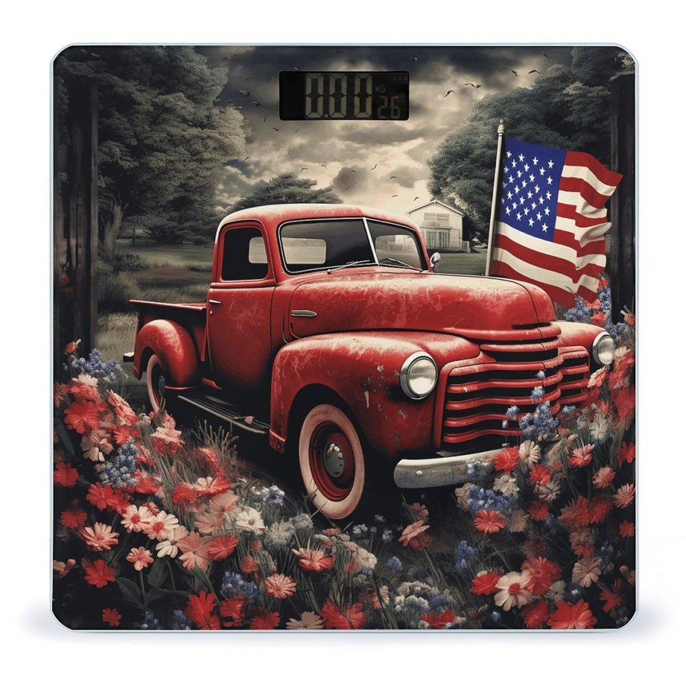 4th of July Patriotic Old Red Truck Weight Scale High Precision Digital Body Scale Cute Compact Slim Bathroom Scale Sleek Modern Personal Body Weighing Machine for Bedroom Kitchen and Bathroom