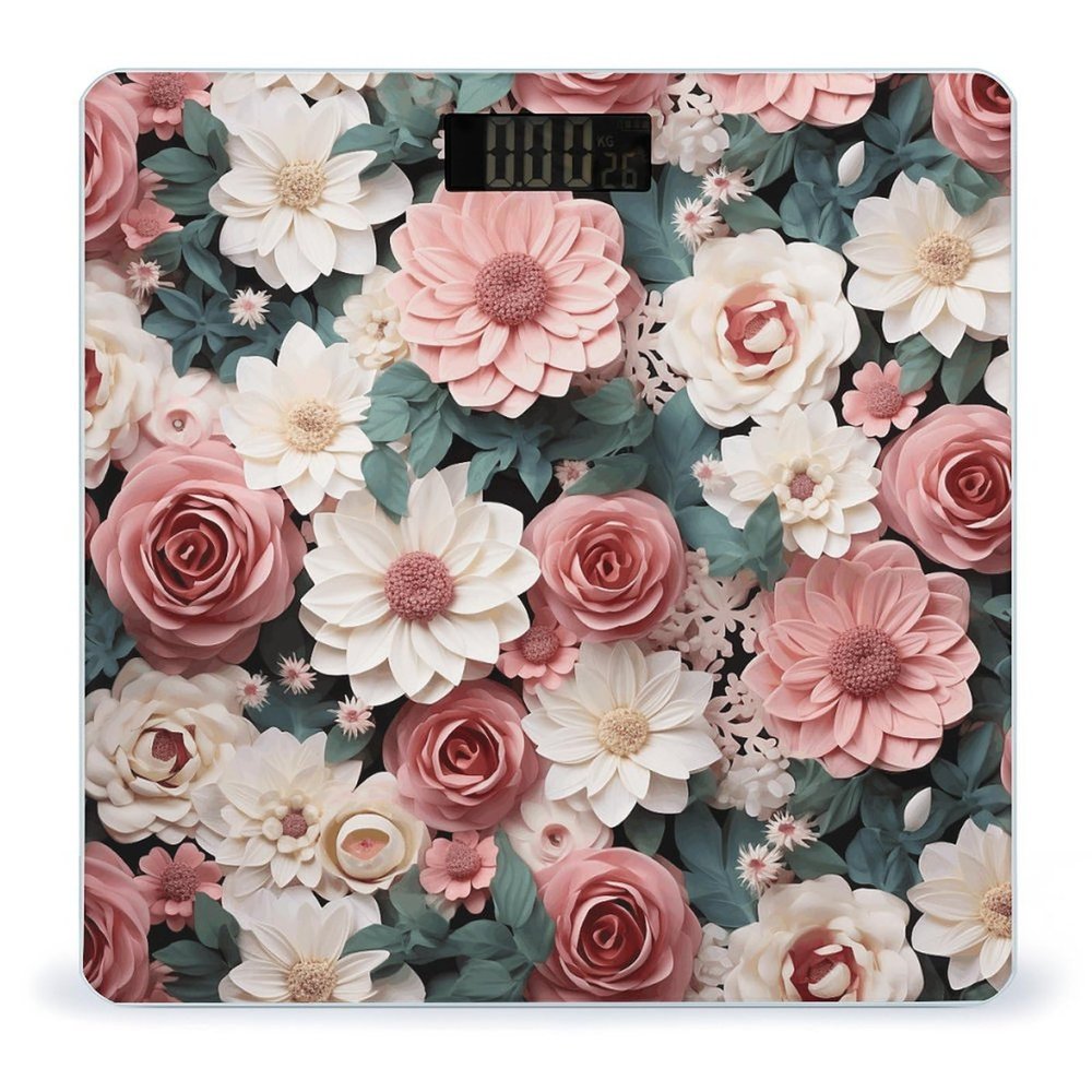 Flowers with Pink and Green Leaves Weight Scale High Precision Digital Body Scale Cute Compact Slim Bathroom Scale Sleek Modern Personal Body Weighing Machine for Bedroom Kitchen and Bathroom