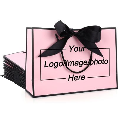 10-500 Pcs Custom Gift Bags with Ribbon Bow, Printed Logo & Text, Personalized 12.6x9.8x4.3 & 11x7.9x3.9 Inch Bags for Business Bulk Retail Boutique Packaging & Holiday Anniversary Gifting (Pink Black)
