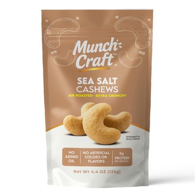 Munch Craft Sea Salt Cashews - (Pure & Simple) Crunchy Air-Roasted Nuts, Oil-Free No Artificial Colors or Flavors 4.4 oz (125g) Resealable Bag