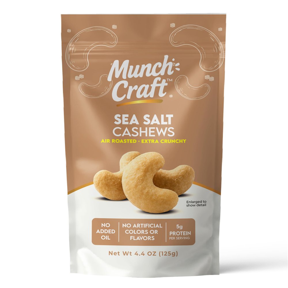 Munch Craft Sea Salt Cashews - (Pure & Simple) Crunchy Air-Roasted Nuts, Oil-Free No Artificial Colors or Flavors 4.4 oz (125g) Resealable Bag