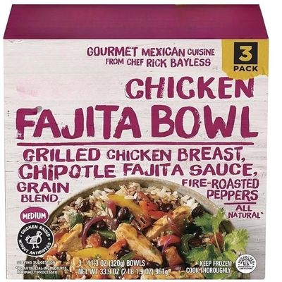 Chicken Fajita Taco Bowls are made with grilled chicken breast, chipotle fajita sauce, a grain blend, and fire roasted peppers. It's an all natural, protein packed recipe meal that's made quick in just minutes. This box contains three taco bowls. 3 P