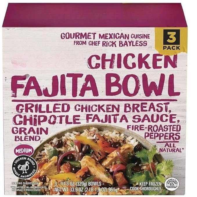 Chicken Fajita Taco Bowls are made with grilled chicken breast, chipotle fajita sauce, a grain blend, and fire roasted peppers. It's an all natural, protein packed recipe meal that's made quick in just minutes. This box contains three taco bowls. 3 P