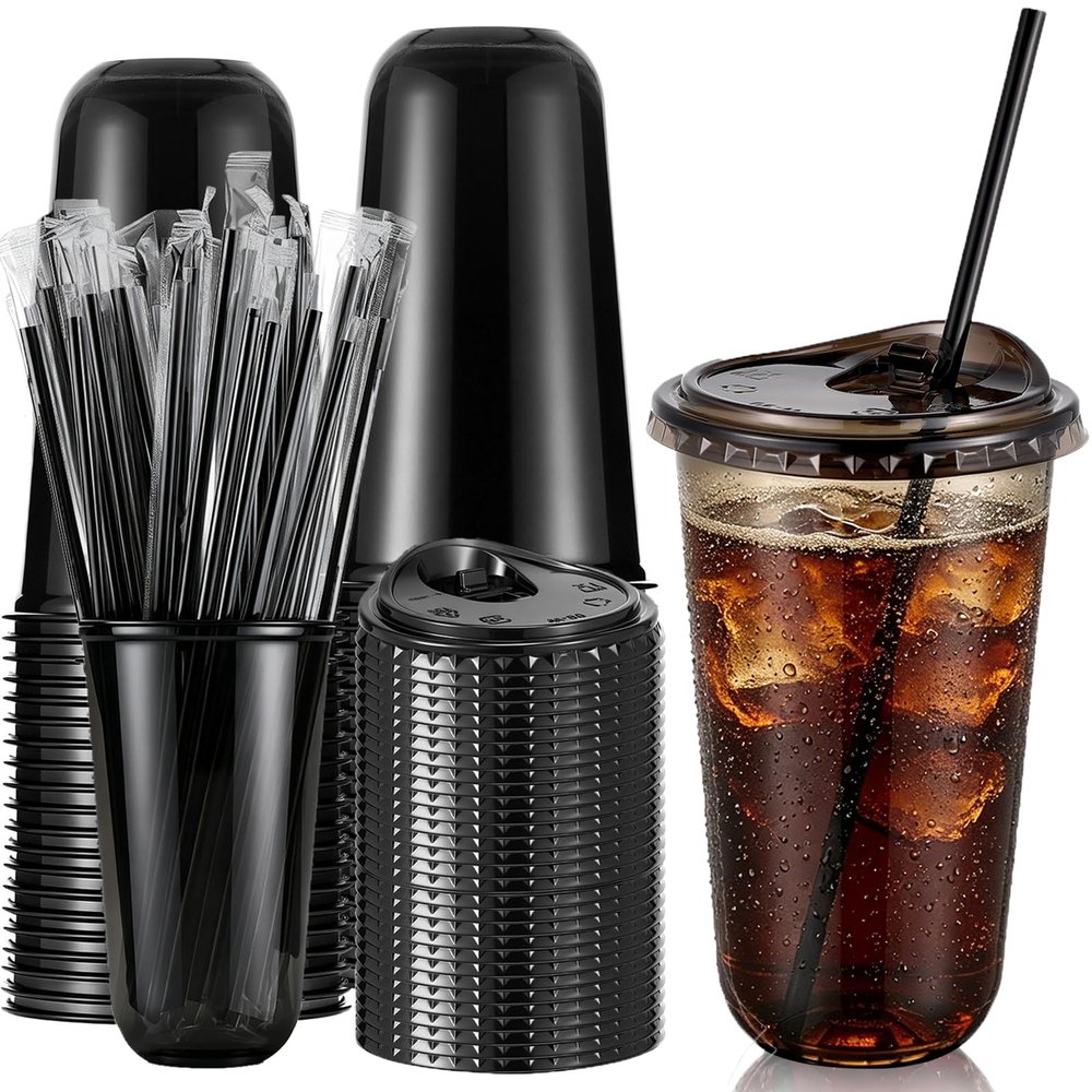 Ziliny 50 Pack 18oz Black Clear Plastic Cups with Lids and Straws, Pet Disposable Drinking Cups, Disposable Iced Coffee Cup for Smoothies, Cold Drinks, Parties, Wedding, Meeting, Drink Shops