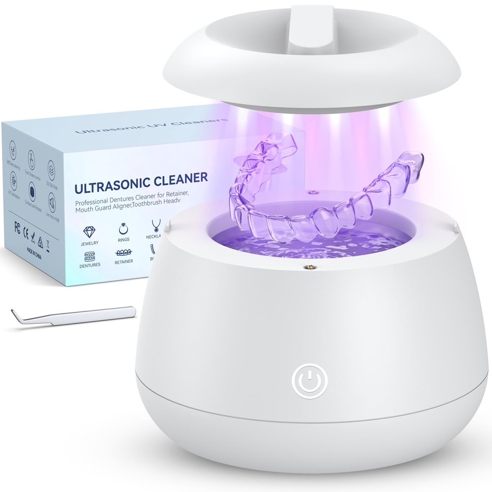CALOTO Ultrasonic Retainer Cleaner Machine, 52kHz Ultrasonic Denture Cleaner for Night Guards, Braces, Aligner, Toothbrush, Jewelry and More, Dental Cleaning Pod with Digital Timer & 250ML, White