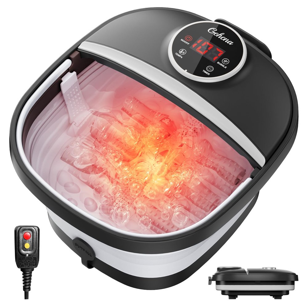 GEHONA Collapsible Foot Spa Bath with Heat, Foot Massager with Two Side Supports, Leakage Protector, Temperature Control, Bubbles, Red Light, Timer, Feet Soaker, Gifts (Deep Black)
