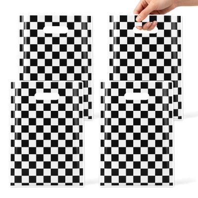Race Car Party Favor Bags, 100Pcs Black and White Checkered Goodie Bags Bulk, Plastic Candy Cookie Snack Treat Gift Bag with Handles for Racing Car Theme Birthday Party Favor Supplies Decorations