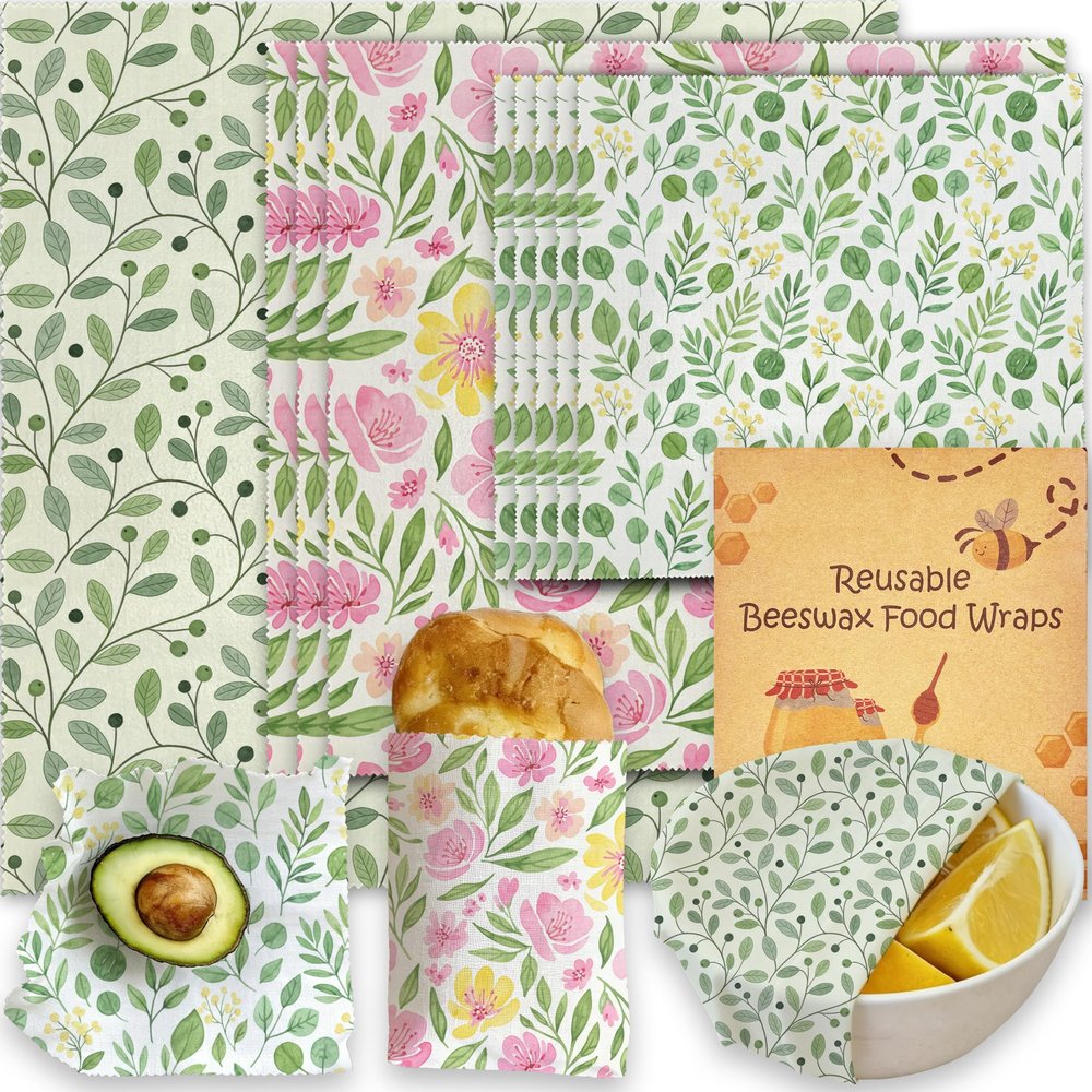 LENSARKU Beeswax Food Wraps, Pink Flowers and Green Leaves Wraps, 9 Pack Plastic-Free Food Storage, Sandwich, Bread, Fruit Covers, Organic, Sustainable, Zero Waste, Biodegradable, 1XL, 3M, 5S