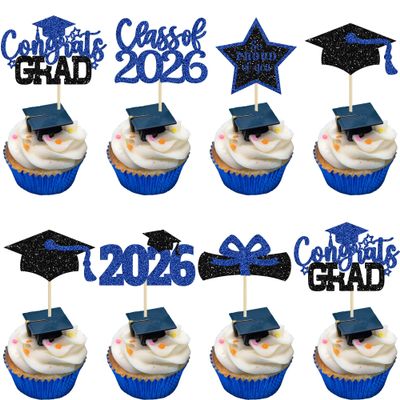 Gyufise 24Pcs Grad Cupcake Toppers 6 Styles Graduation Cake Topper Congrats Graduation Decorations 2026 Glittery Black and Blue Cap and Diploma Cake Picks for Grad Decor Party Supplies Blue 1
