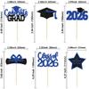 Gyufise 24Pcs Grad Cupcake Toppers 6 Styles Graduation Cake Topper Congrats Graduation Decorations 2026 Glittery Black and Blue Cap and Diploma Cake Picks for Grad Decor Party Supplies Blue 1 view 2