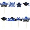 Gyufise 24Pcs Grad Cupcake Toppers 6 Styles Graduation Cake Topper Congrats Graduation Decorations 2026 Glittery Black and Blue Cap and Diploma Cake Picks for Grad Decor Party Supplies Blue 1 view 3