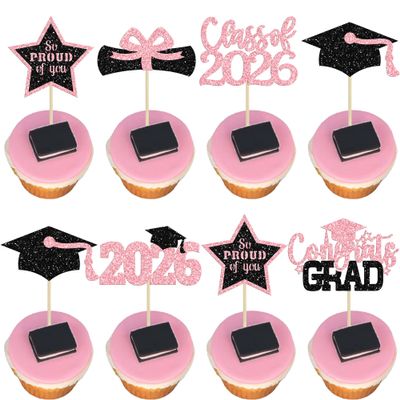 Gyufise 24Pcs Grad Cupcake Toppers Glittery Congrats Graduation Cake Topper 6 Styles Graduation Decorations Black and Pink Cap and Diploma Cake Picks for Class of 2026 Grad Party Supplies Pink 1