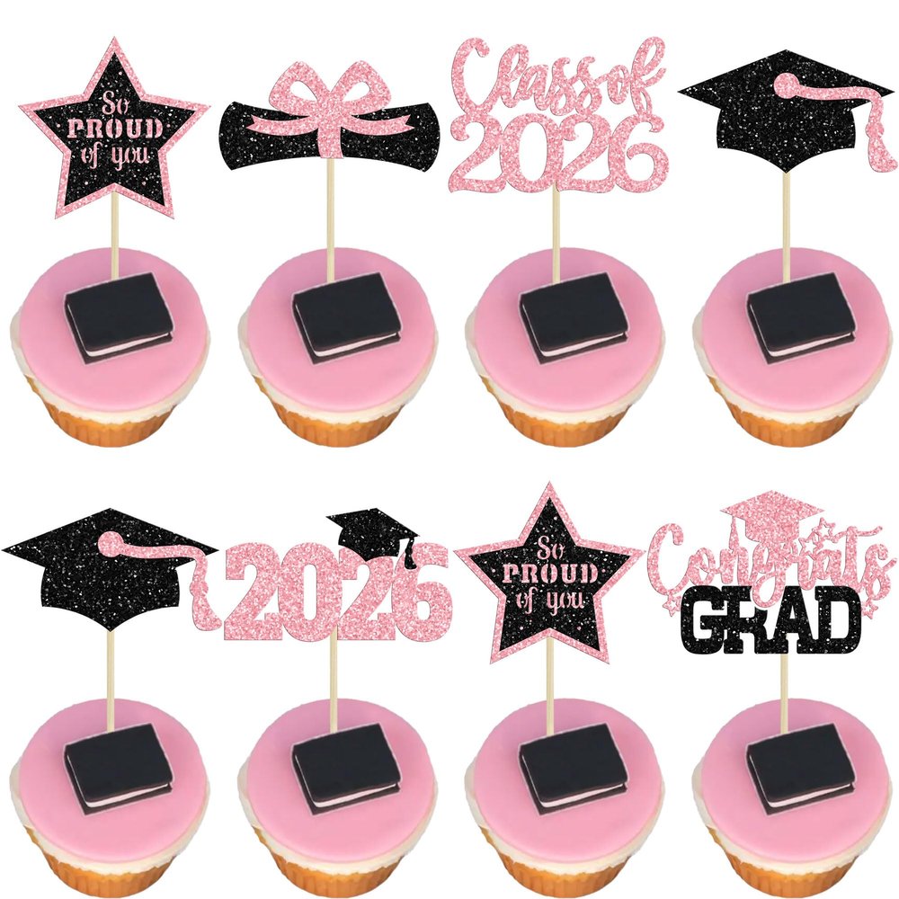 Gyufise 24Pcs Grad Cupcake Toppers Glittery Congrats Graduation Cake Topper 6 Styles Graduation Decorations Black and Pink Cap and Diploma Cake Picks for Class of 2026 Grad Party Supplies Pink 1