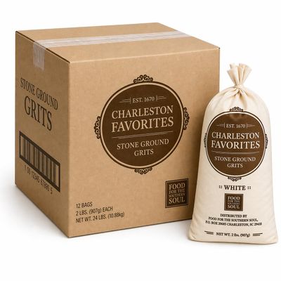 Charleston Favorites White Stone Ground Grits Case (12-Pack), 2 lb Cloth Bags Bulk Southern Grits, Non-Instant, Small Batch Milled, Authentic Stone Ground Corn Grits