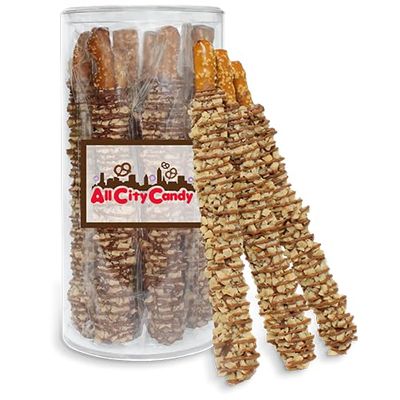 All City Candy Milk Chocolate Hand Dipped Pretzel Rods coated with Toffee Crunch bits, Individually Wrapped, 10 Count, Gift Canister, Ice Pack included if needed. Great for corporate gifting, events and candy displays.
