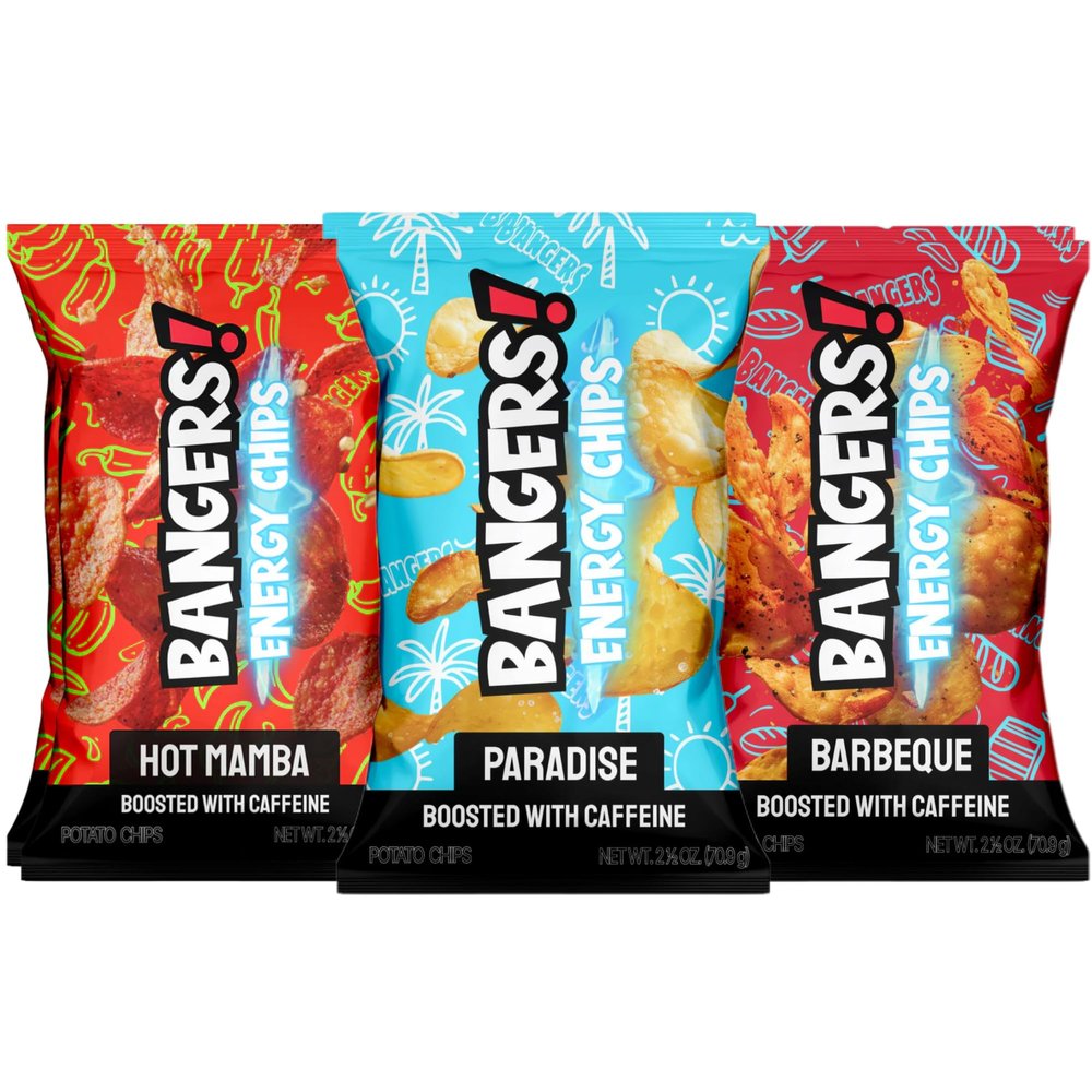 BANGERS! Energy Chips 6-Pack | 200mg Caffeine Per Bag Equivalent to 2 Cups of Coffee | Caffeinated Potato Chips for Late Nights, Long Shifts & On-the-Go | Gluten Free | 2.5 oz Each (Pack of 6, Variety)