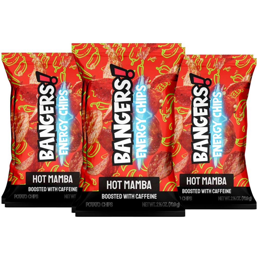 BANGERS! Energy Chips 6-Pack | 200mg Caffeine Per Bag Equivalent to 2 Cups of Coffee | Caffeinated Potato Chips for Late Nights, Long Shifts & On-the-Go | Gluten Free | 2.5 oz Each (Pack of 6, Hot Mamba)