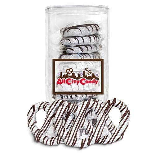 All City Candy Cookies and Cream Pretzel Twists, Hand-Dipped in White Chocolate with Crushed Sandwich Cookies, Milk Chocolate Drizzle, Individually Wrapped, Clear Gift Canister, 12 Pieces, Gift Ready, Home snacking or Hostess gifts