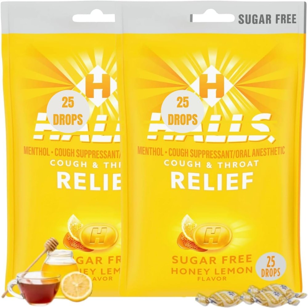 2 Honey Lemon Sugar Free Cough Drops - Hall Sugar Free - Cough Drops (Honey Lemon) Bags of 25 Drops Plus Sticker THX