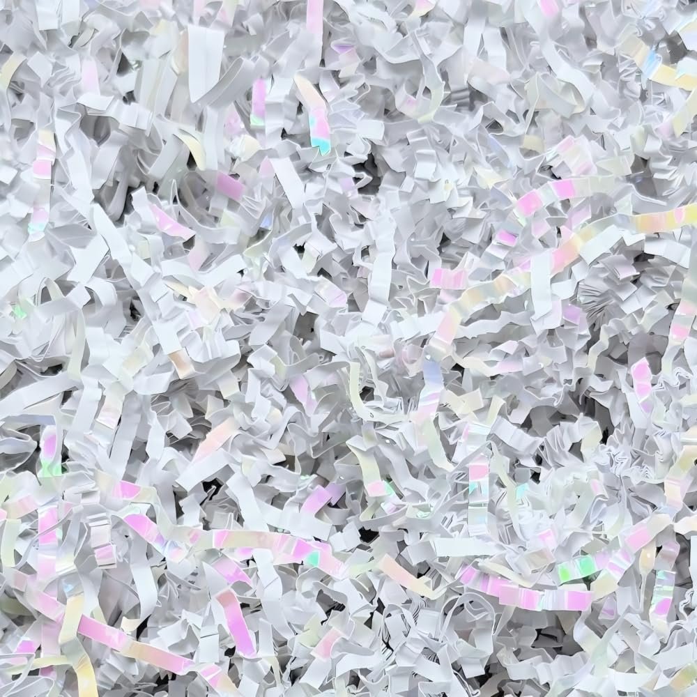 Crinkle Cut Paper Shred - 5.3 oz Gift Box Filler, Basket & Bag Decoration for Christmas, Wedding, Birthday, Bridesmaid, Engagement - Fluffy Packing Grass Cushion (Diamond White, 5.3 OZ)