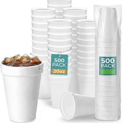 20 oz Foam Cups, 500 Count Case White Disposable Insulated Cups (3.7" Top Diameter) Bulk Supply for Hot Coffee & Cold Soda