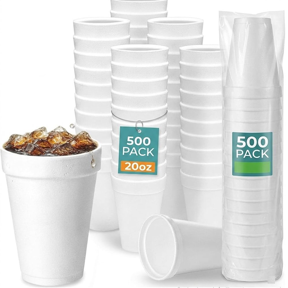 20 oz Foam Cups, 500 Count Case White Disposable Insulated Cups (3.7" Top Diameter) Bulk Supply for Hot Coffee & Cold Soda