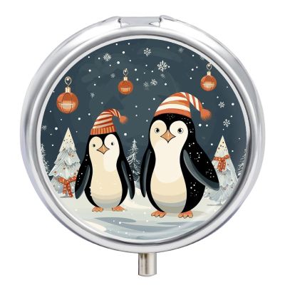 Merry Christmas Penguins Pill Box Portable Mini Travel Pill Organizer Holder 3 Compartment Decorative Round Pills Case Exquisite Daily Vitamin Container for Cod Liver Oil