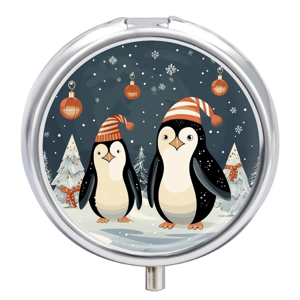 Merry Christmas Penguins Pill Box Portable Mini Travel Pill Organizer Holder 3 Compartment Decorative Round Pills Case Exquisite Daily Vitamin Container for Cod Liver Oil