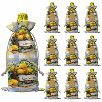 Lemon Basket Summer Wine Gift Bags 10PCS, Eucalyptus Blue Yellow Plaid Reusable Burlap Cloth Wine Bottle Bags with Drawstring for Wedding, Cruise, Birthday Party, Home Storage & Gift Decoration