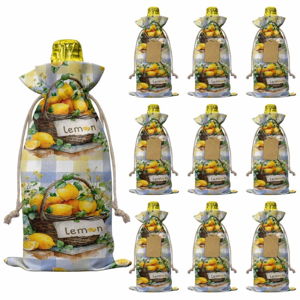 Lemon Basket Summer Wine Gift Bags 10PCS, Eucalyptus Blue Yellow Plaid Reusable Burlap Cloth Wine Bottle Bags with Drawstring for Wedding, Cruise, Birthday Party, Home Storage & Gift Decoration