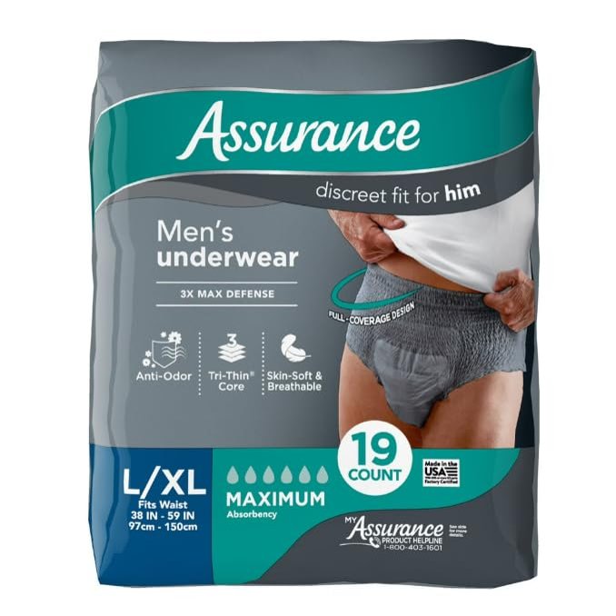 Assu_Rance Men's Incontinence Underwear, L/XL, Maximum Absorbency, 19 Count Pack of 1