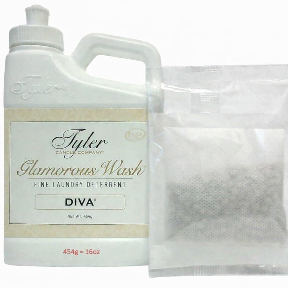 Tyler Glam Wash Laundry Detergent, Diva, Liquid, 16 Fl Oz HE Safe w/Dryer Sachet Pouch, Pull and Pour Spill Proof Cap ilh
