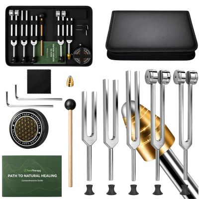 Blinvcra 5 in 1 Tuning Forks for Healing Set, 5 Frequencies (128Hz, 136.1Hz, 256Hz, 384Hz, 528Hz) Sound Therapy Kit with Activator & Leather Case, Premium Gift for Meditation, Yoga & Chakra