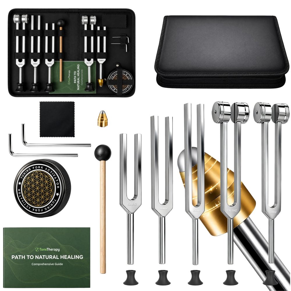 Blinvcra 5 in 1 Tuning Forks for Healing Set, 5 Frequencies (128Hz, 136.1Hz, 256Hz, 384Hz, 528Hz) Sound Therapy Kit with Activator & Leather Case, Premium Gift for Meditation, Yoga & Chakra