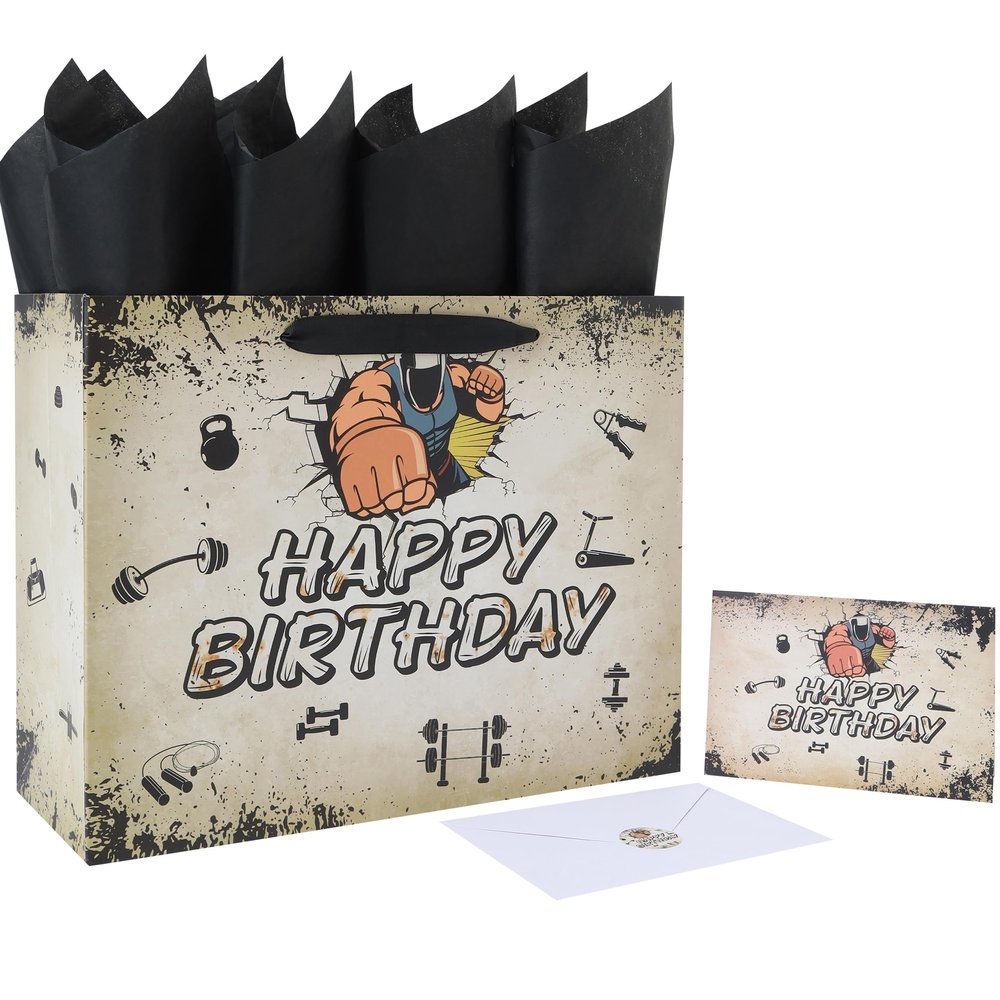 Qirrmiy 13" Large Happy Birthday Gift Bag Set with Handles, Greeting Card, Tissue Papers and Stickers for Men Boys, Husband, Father, Birthday Design, 1 Pcs