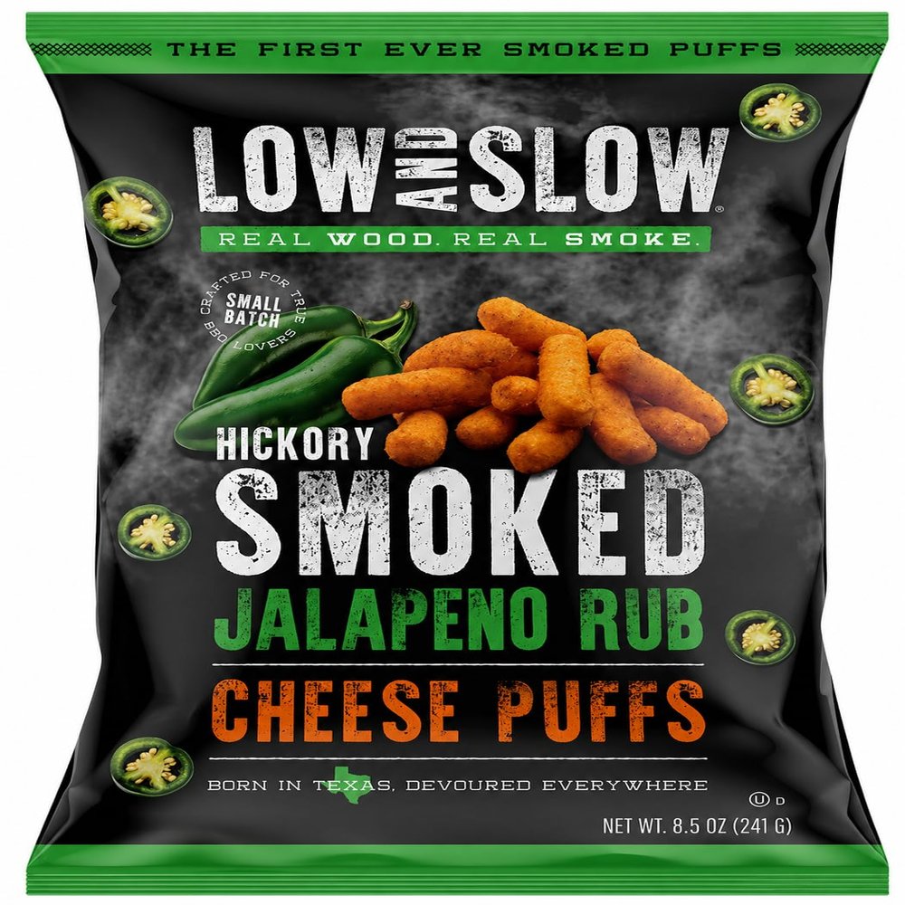 Low N Slow Hickory Smoked Rub Cheese Puffs, Small Batch, Covered with Secret Rub, 8.5 oz (Smoked Jalapeno)