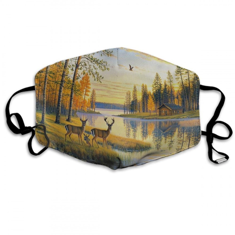 Unisex Comfortable Protective Masks Mouth Cloth Shields for Sports Travel Hiking, Anti Dust Windproof Face Balaclavas (Lakeside Landscape Sunset Deer Trees Scenery Mouth Covers)