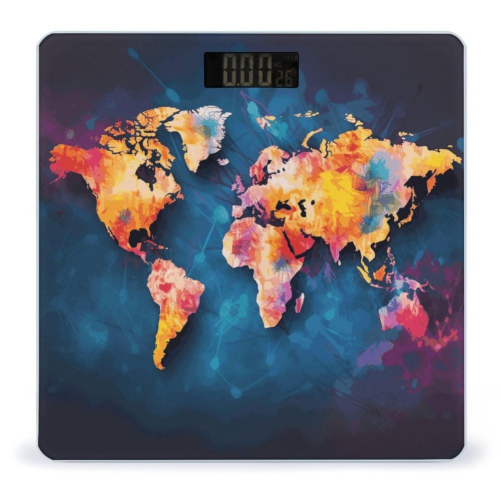 Abstract World Map Scale for Body Weight Automatic On Or Off Digital Scale 4-Sensor Bathroom BMI Scales Bright LED Display and Clear Numbers Scales for Pet Bedroom